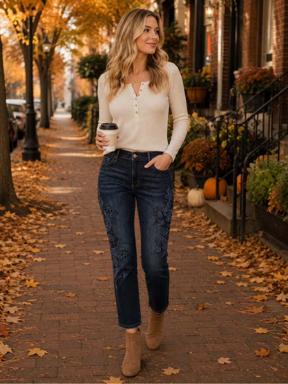 WHBM Skinny Ankle Jean with Blue Floral Appliqué Design